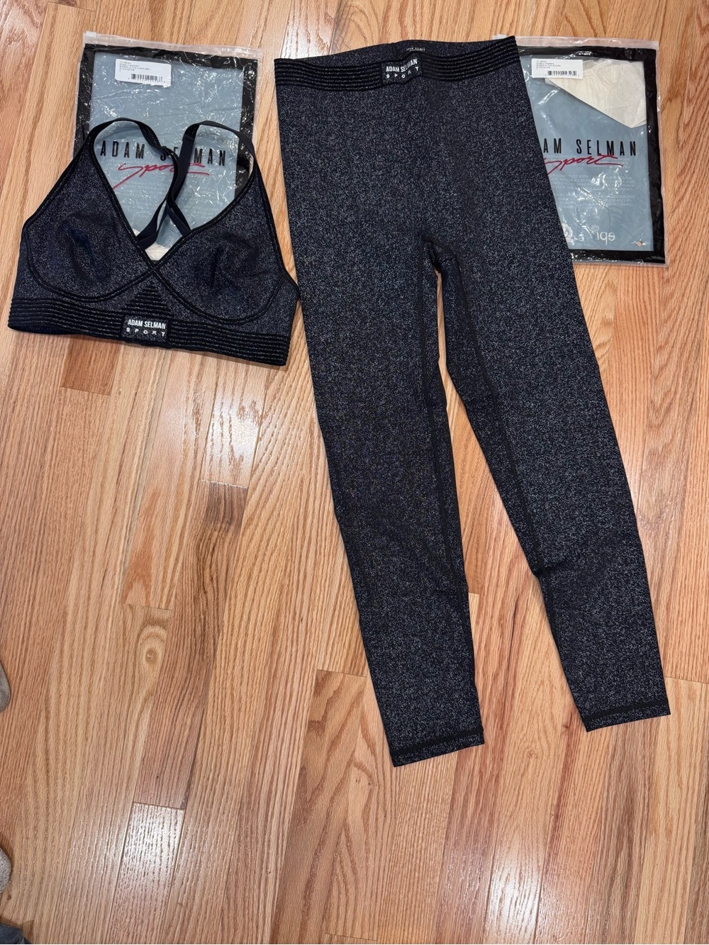 Iconic Adam Selman Sport Sparkle Spandex Bonded Active V-Neck Bra and leggings